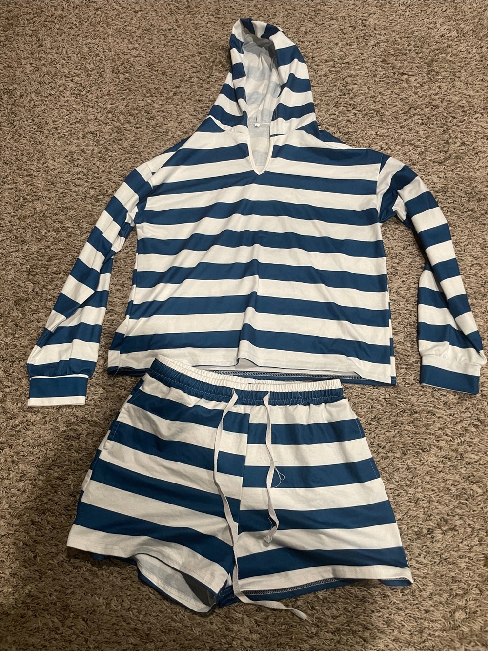 Striped Blue and White Hooded Lounge Set - Women's Cozy Two-Piece